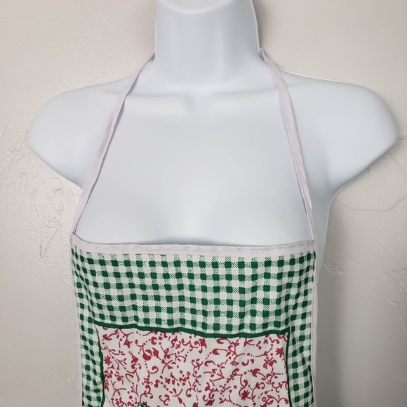 Vintage Apron Smock Green Gingham Plaid Red Apples Clock Yellow Fall Harvest - Picture 4 of 7
